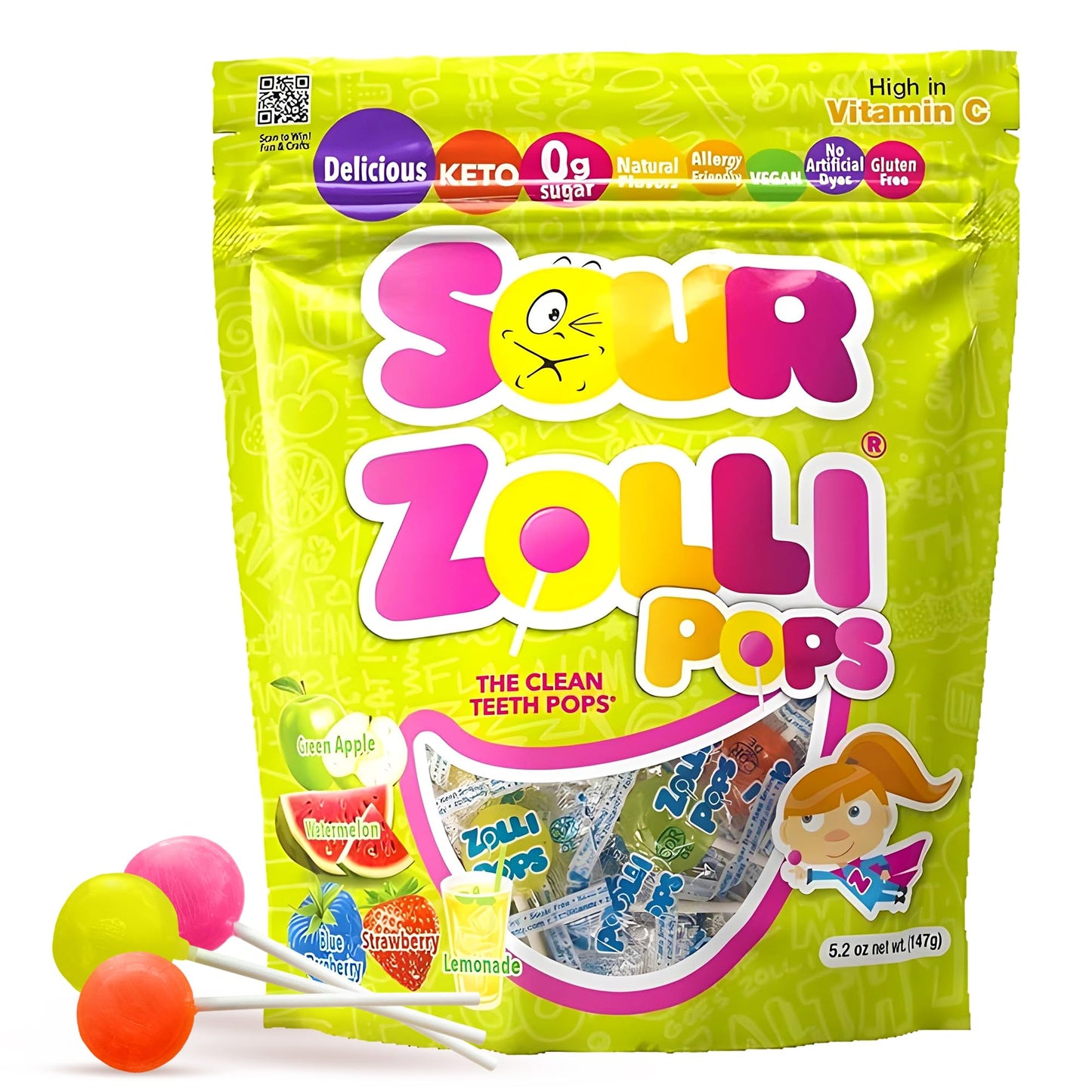 Zollipops Sour Clean Teeth Pops Sugar Free Candy with Xylitol, Dye-Free Lollipops - Keto & Diabetic-Friendly, Dentist-Approved T