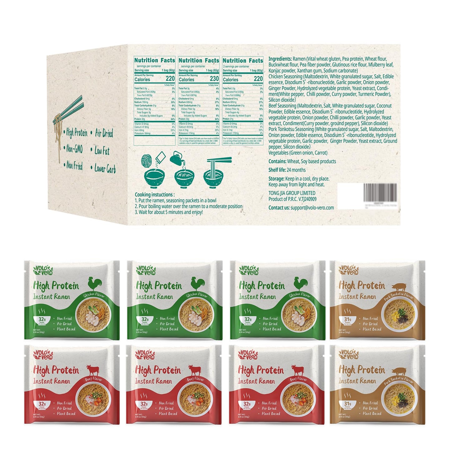 VOLO VERO High Protein (32g) Instant Ramen Variety Packaged Noodles Soup, Chicken, Spicy Beef, Pork Tonkotsu, Plant-Based, Air