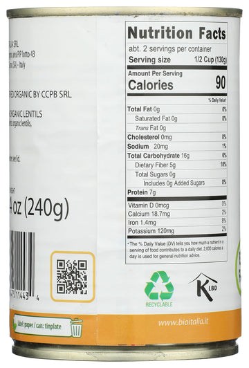 BIOITALIA Organic Canned Green Lentils, 14 OZ