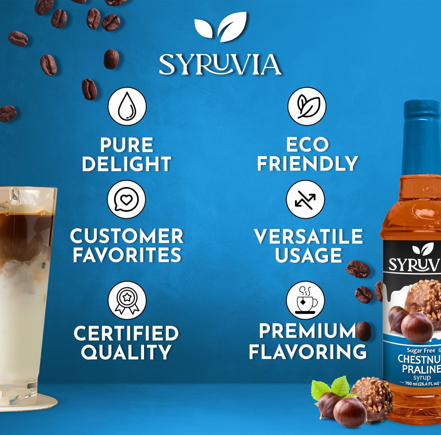 Syruvia Sugar-Free Chestnut Praline Coffee Syrup - 25.4 fl oz. Premium Coffee Flavoring Syrup. 0 Calories, Kosher, and Gluten-Fr
