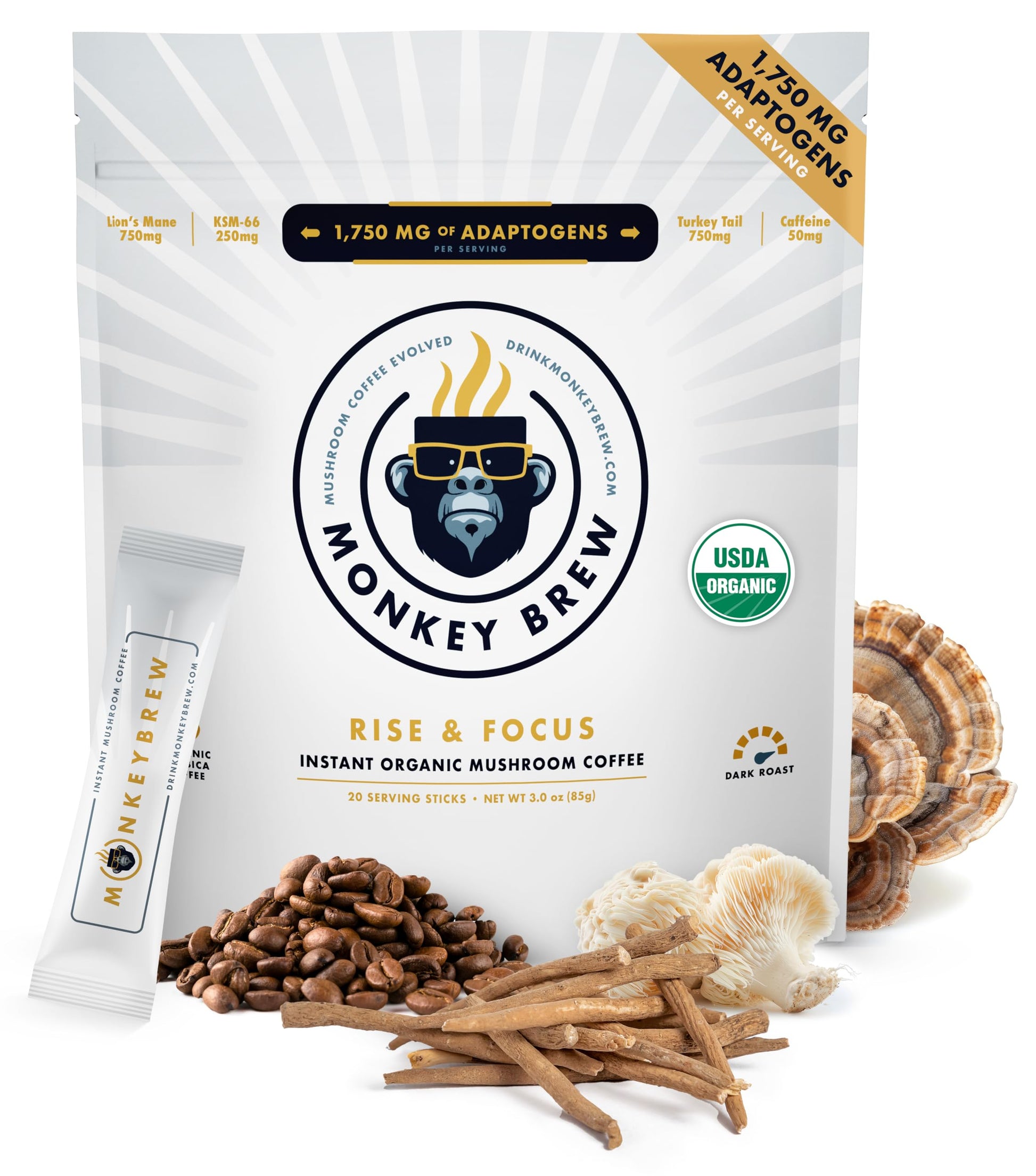 Monkey Brew Rise & Focus: Organic Dark Roast Arabica Mushroom Coffee - 1,750mg Adaptogenic Blend w/Lions Mane, Turkey Tail, KSM-