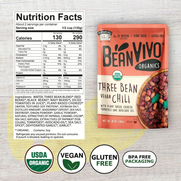 BeanVIVO (Pack of 12) Organics Plant based Protein Three Bean Vegan Chili - Good Source of Fiber - Nutritious & Microwave Meals