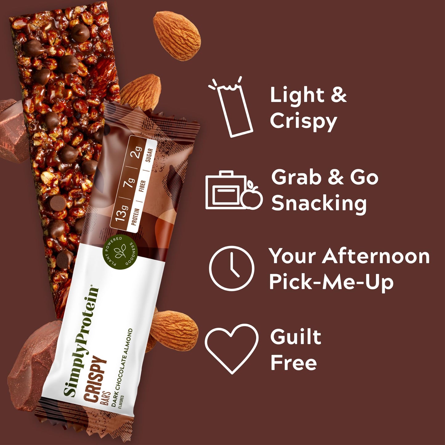 Simply Protein - Dark Chocolate Almond Crispy Bars - Plant Based Protein Bars - Low Carb, Low Sugar, High Fiber - 13g Protein, 2