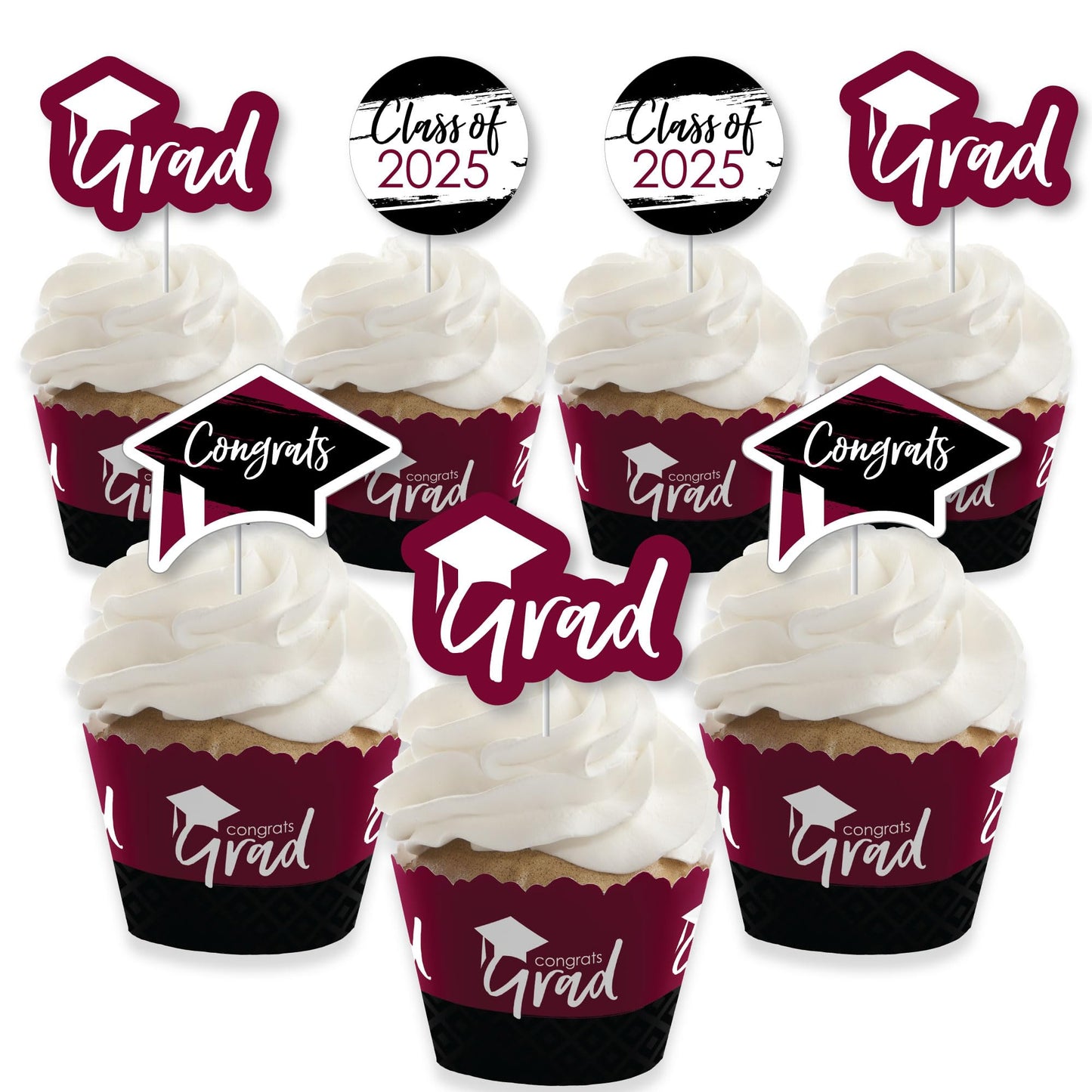 Big Dot Of Happiness 2025 Maroon Graduation Cupcake Decoration - Party Cupcake Wrappers And Treat Picks Kit - Set Of 24