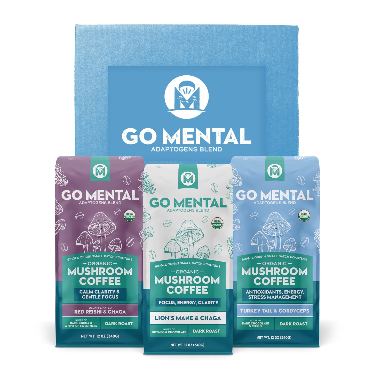 Organic Mushroom Coffee 3 Bag Gift Box Set LionS Mane & Chaga Red Reishi & Chaga Decaffeinated Turkey Tail & Cordyceps Immune Support & Overall Wellbeing Dark Roast 36Oz Ground