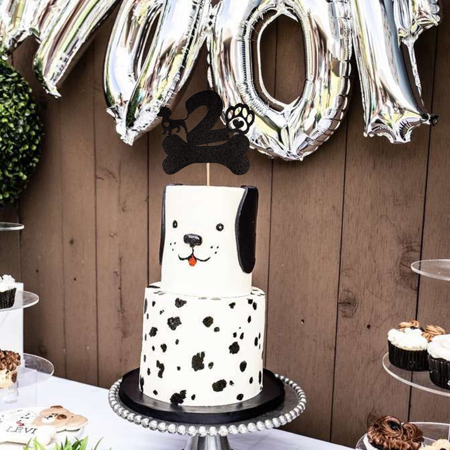 1 Pcs 2Nd Birthday Cake Topper Black Glitter Dog Paw Two Years Old Birthday Puppy Dog Bone Cake Pick For Let'S Pawty Baby Shower