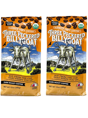 Raven'S Brew Coffee Bold Organic Coffee Dark Roast Whole Bean - Organic Three Peckered Billy Goat 2-Pack Of 12Oz