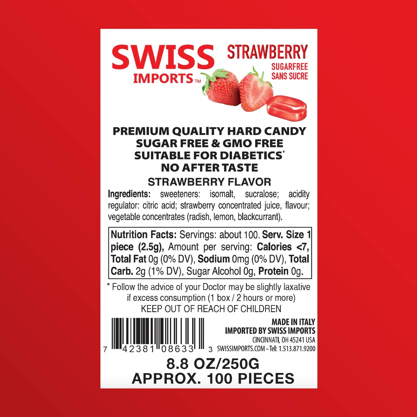 Swiss Imports Sugar Free Bonbons Hard Candy Drops, Strawberry, 100 Individually Wrapped Pieces, 250G/8.8Oz