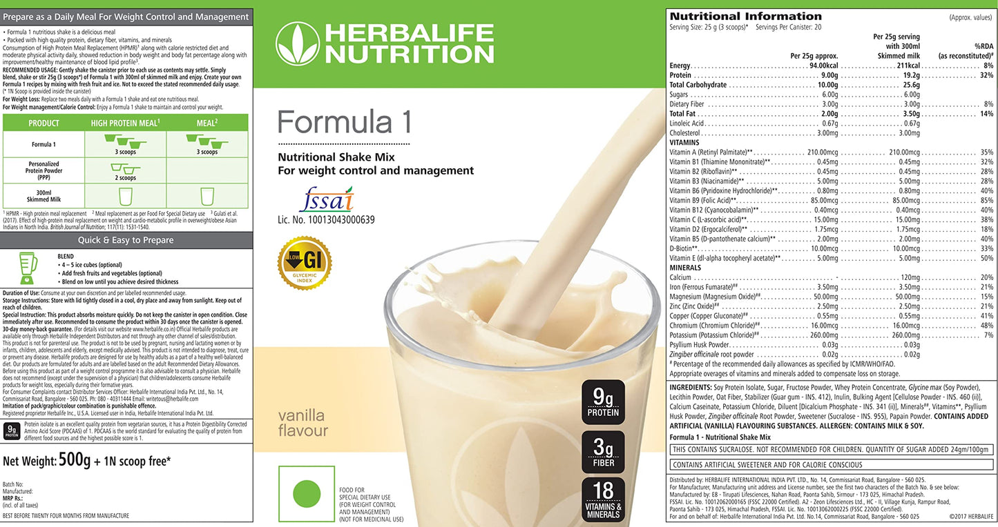 Herbalife Formula 1 Nutritional Shake Mix, Vanilla, 500g (17.62 oz), Meal Replacement