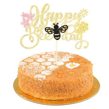 1 Pack Happy Bee Day Cake Topper Black Glitter Bumble Bee Theme Cake Pick Decorations For Baby Shower Kids Birthday Party Suppli