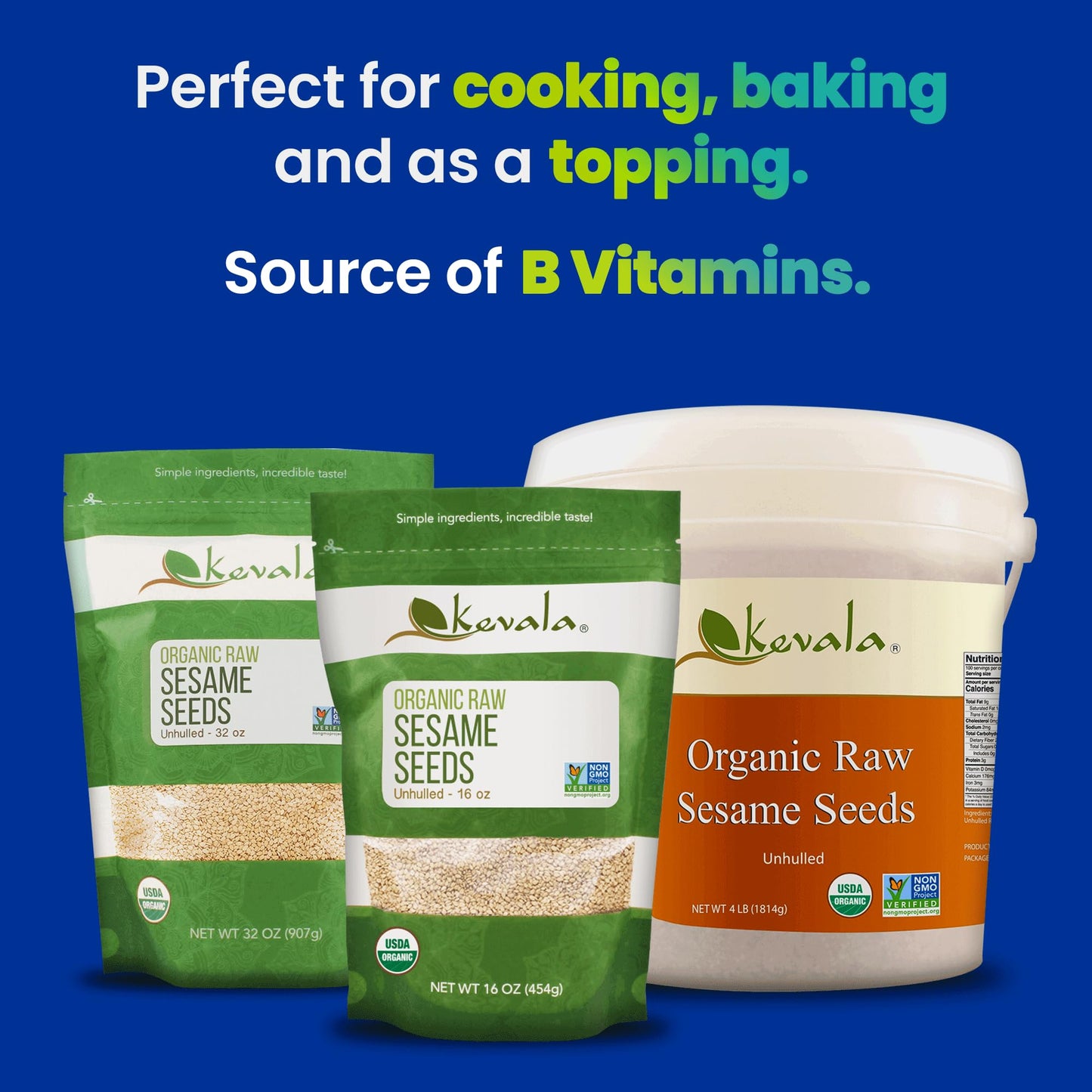 Kevala Organic Raw Sesame Seeds – Sesame Seeds Organic – Organic Seeds – Seeds To Eat – White Sesame Seeds Organic – Unhulled Sesame Seeds – 16 Oz – 1 Lb
