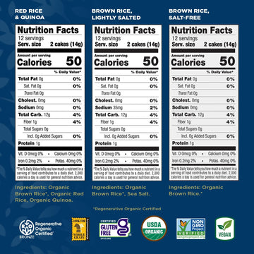 Lundberg Thin Brown Rice Cakes Variety 3-Pack - Regenerative Organic Certified Lightly Salted Salt-Free and Red Rice & Quinoa (Salt-Free) Healthy Snacks 6 Oz Ea