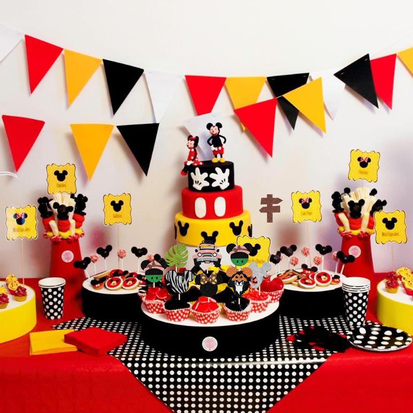 24 Pcs Safari Minnie Mouse Cupcake Toppers Glitter Car Palm Monstera Leaf Lion Elephant Cupcake Picks For Jungle Safari Animal T