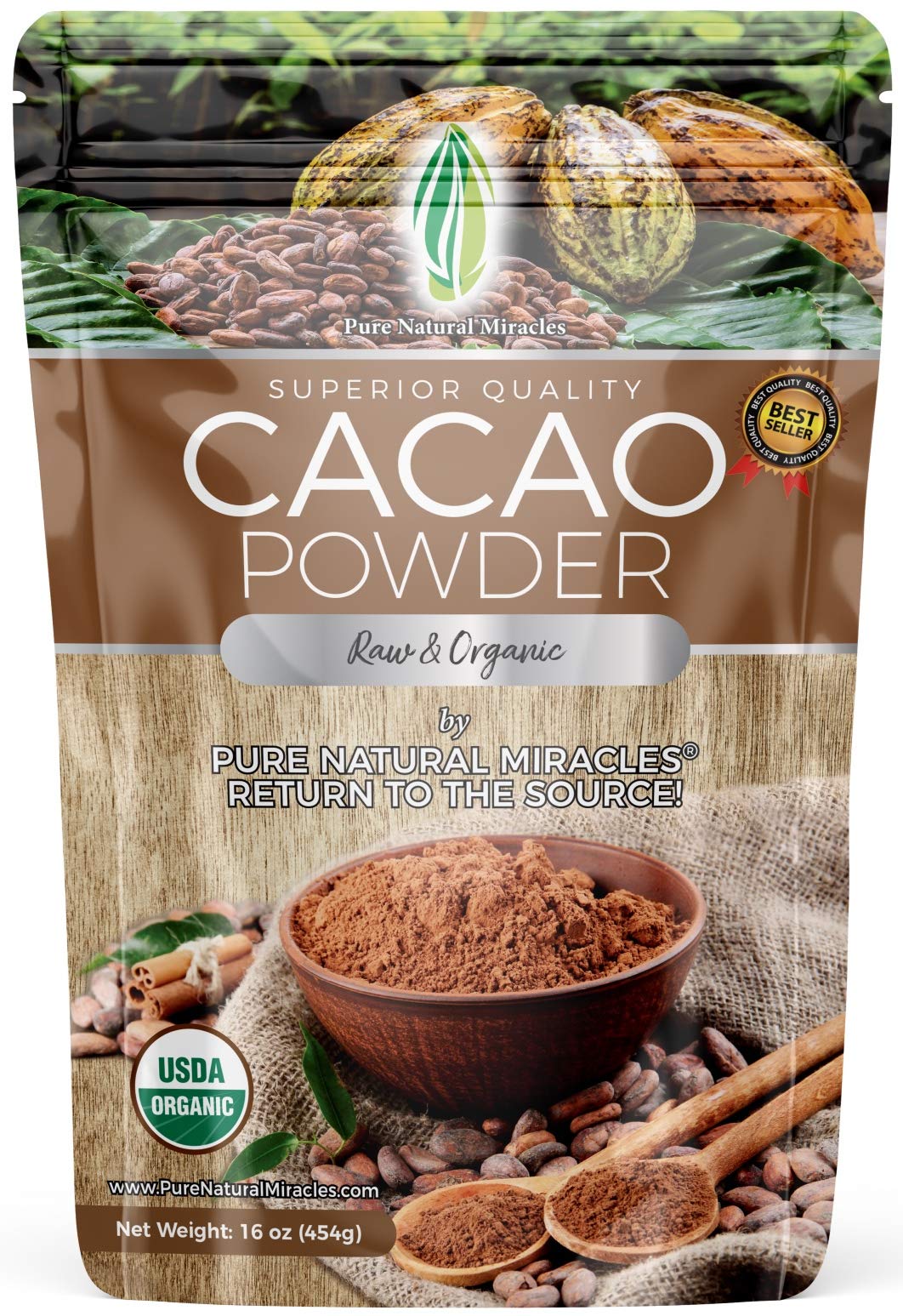 Pure Natural Effectives Cacao Powder Organic - Raw Unsweetened Non-Alkalized Cocoa - Ceremonial Grade Single-Oriflavor Blend From Ecuador - Perfect For Hot Chocolate Smoothies Or Baking - 16 Oz
