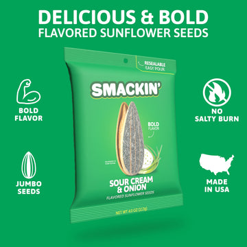 Smackin' - Jumbo Roasted Sunflower Seeds, No Salty Burn, American Made, Easy Pour & Seal - Sour Cream & Onion, 4Oz Bag (12 Bags)