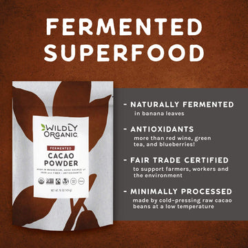 Wildly Organic Fermented Cacao Powder 16 Oz, 1 lb Bag - Organic, Non-Alkalized, Minimally Processed, High in Antioxidants, Raw,