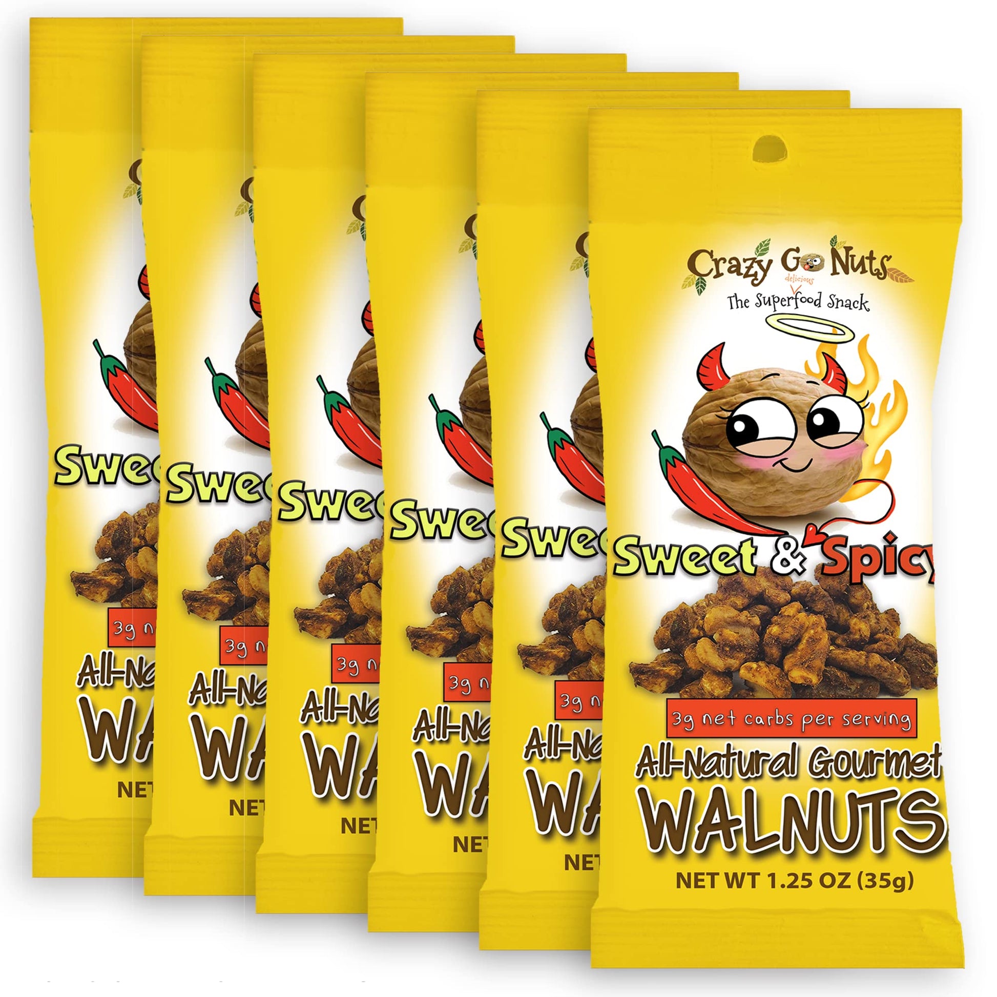 Crazy Go Nuts Walnuts - Sweet & Spicy, 1.25 oz (6-Pack) - Healthy Snacks, Vegan, Gluten Free, Keto, Low Carb, Superfood - Natura