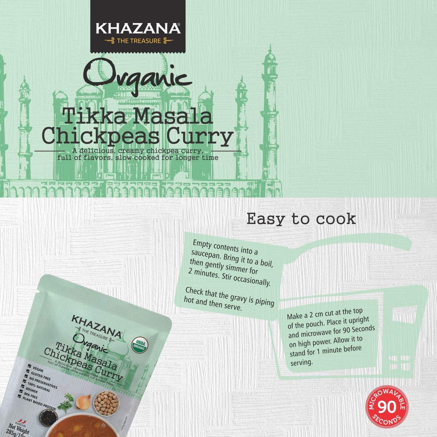Khazana Organic Ready To Eat Meals - Tikka Masala Chickpeas Curry (Pack Of 1, 10Oz Pouches) - Non-Gmo, Vegan, Gluten Free & Kosh