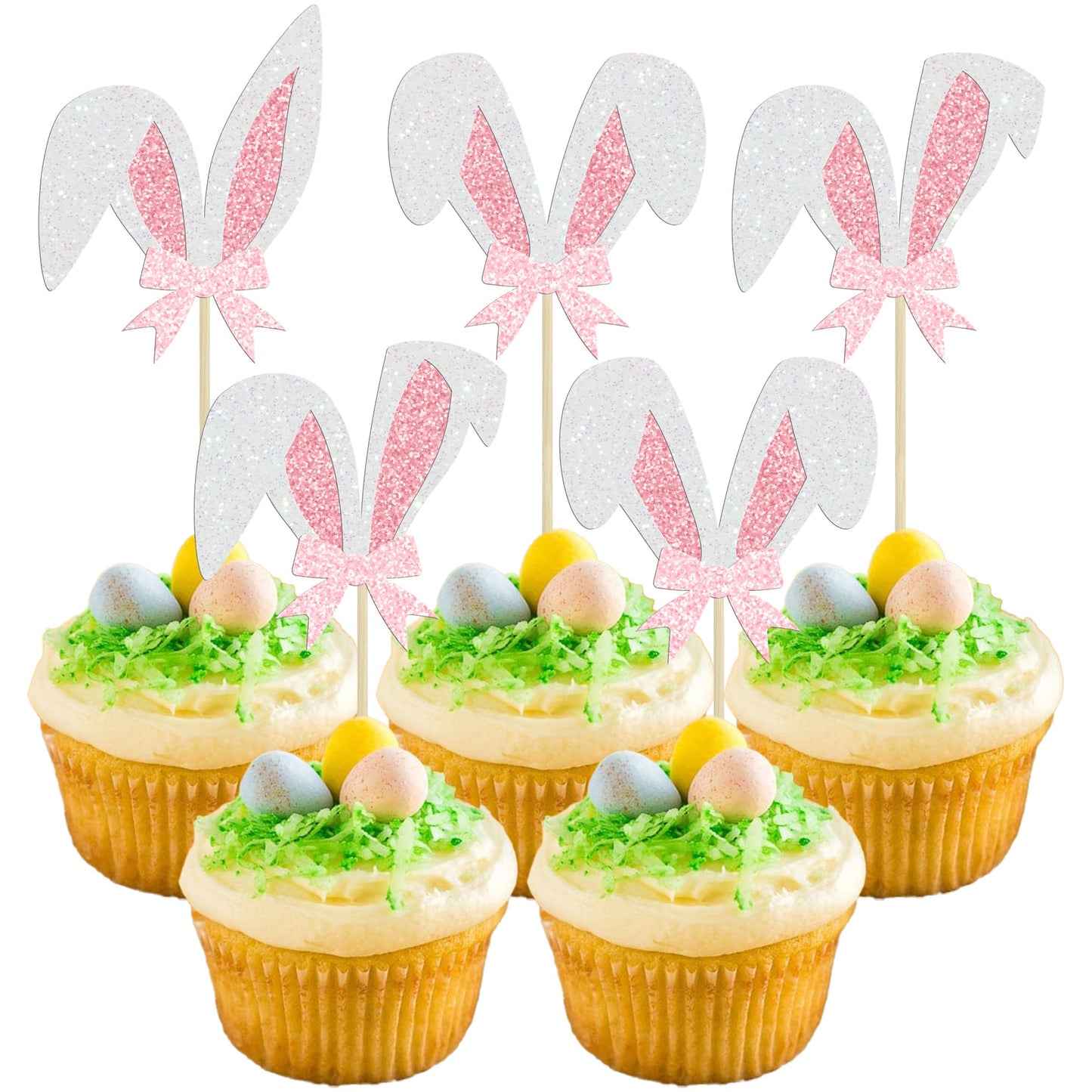 Gyufise 24Pcs Easter Bunny Ear Cupcake Toppers Glitter Rabbit Ears Cupcake Pick Decorations Easter Day Cake Toppers For Spring Birthday Baby Shower Party Supplies