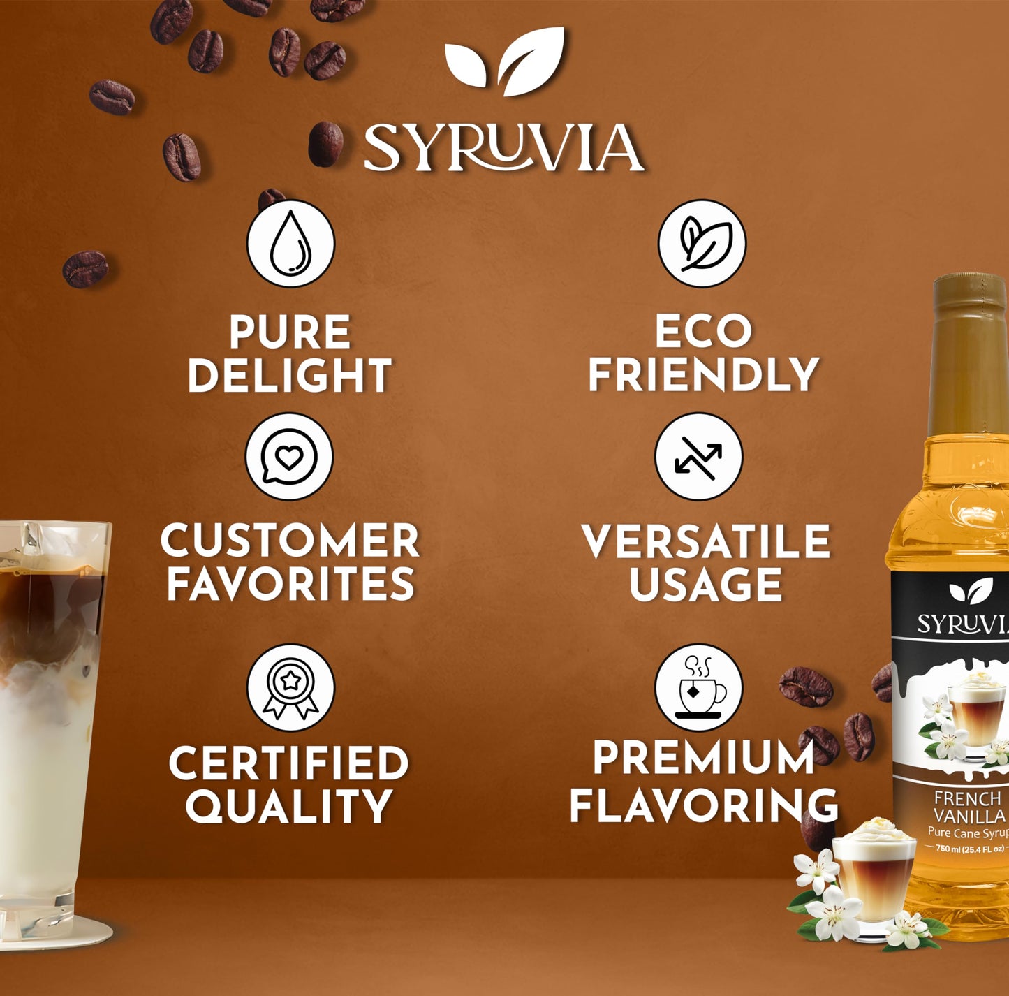 Syruvia French Vanilla Syrup - French Vanilla Coffee Syrup Flavor, 25.4 Fl Oz, Kosher, Gluten Free, Perfect For Coffee, Drinks,