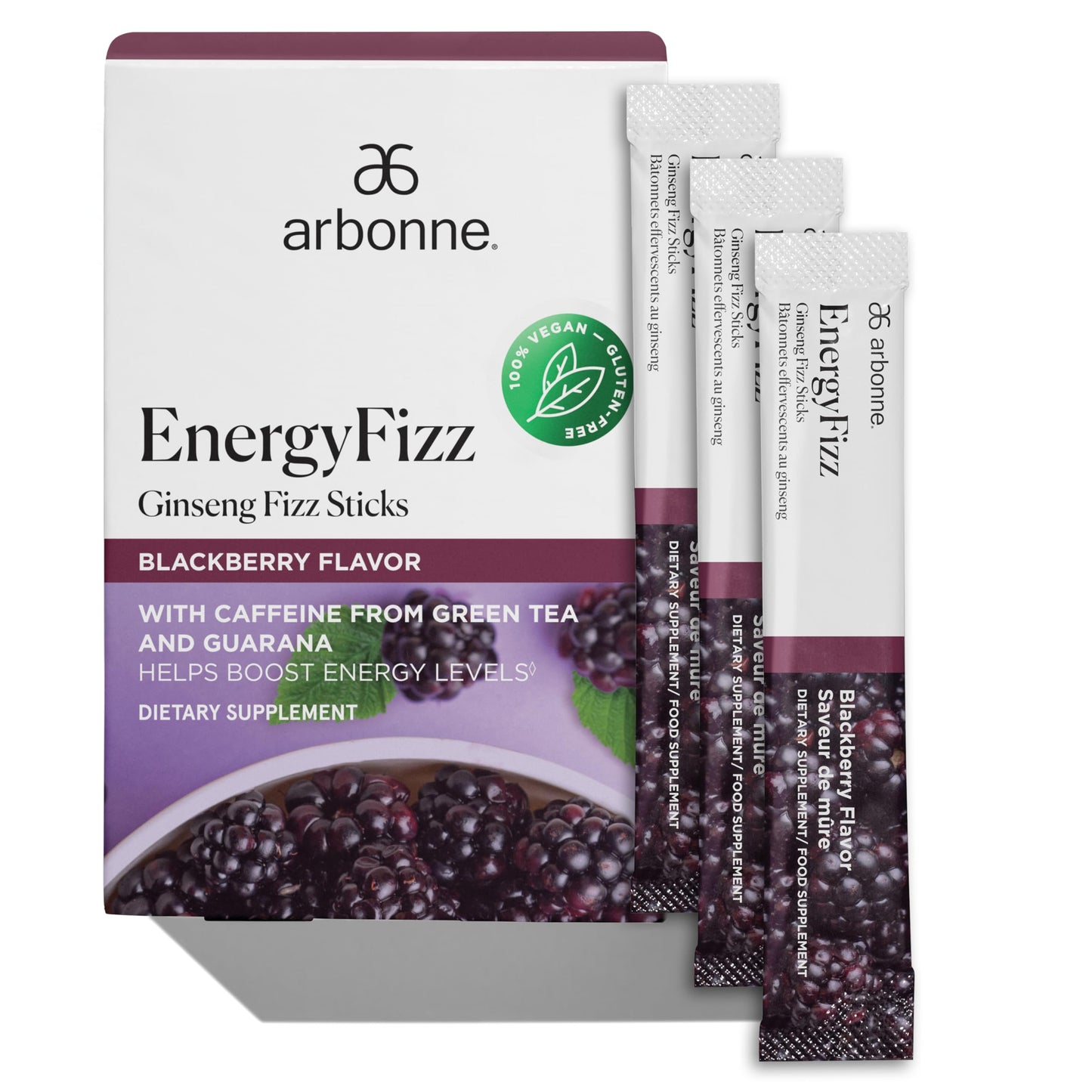 Arbonne Ginseng Energy Supplements - Blackberry Fizz Sticks with Caffeine from Guarana and Green Tea, Energy Boost