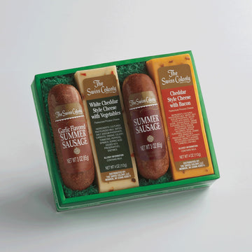 The Swiss Colony Cheese & Sausage 4-Pack - Original and Garlic Summer Sausages with Bacon and Vegetable Cheese Charcuterie Gift Basket for Holiday Thank You Gifts mature-themeds Women Men 14 oz.