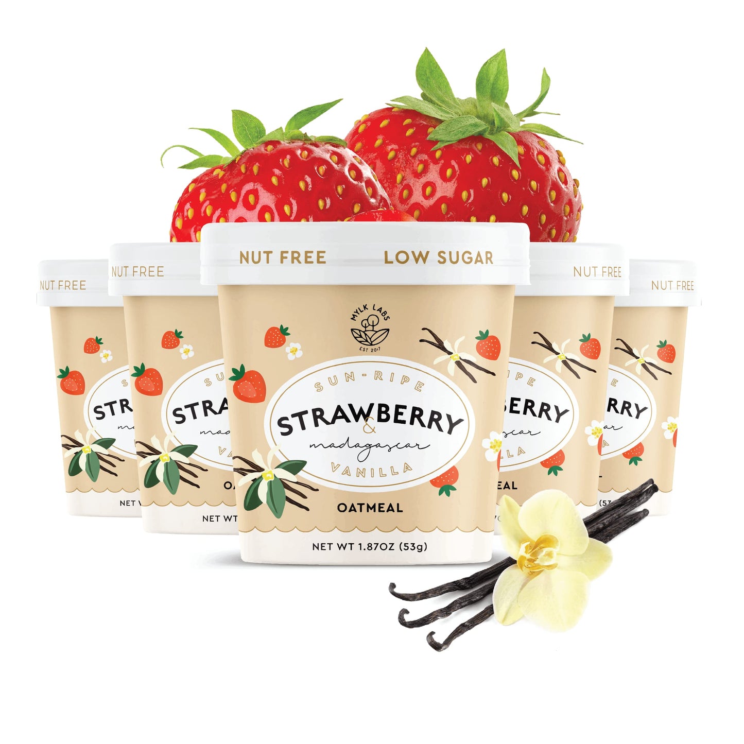 Mylkalabs - Vanilla Strawberry Instant Oatmeal Cups - Nut Free Gluten Free High Fiber High Protein Non Gmo Low Sugar Quick Break
