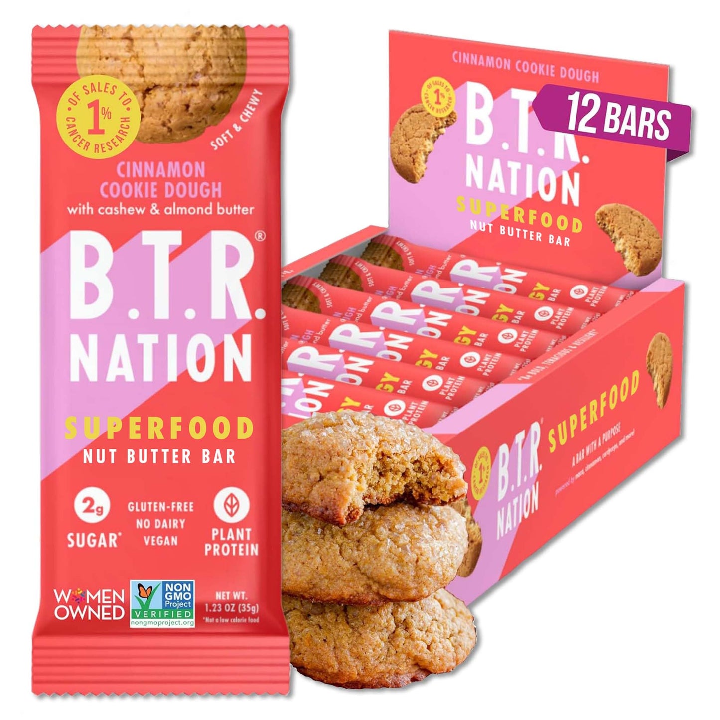 B.T.R. Nation Superfood Keto Protein Bars, Plant Based Vegan Protein - Cinnamon Cookie Dough Energy | 12 Pack| Low Carb, Low Calorie, Gluten Free, No Sugar S, Boosted With Superfoods