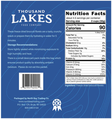Thousand Lakes Freeze Dried Fruits And Vegetables - Broccoli Florets - Bulk 5 Ounces 100 Florets - No Stems No Salt Added