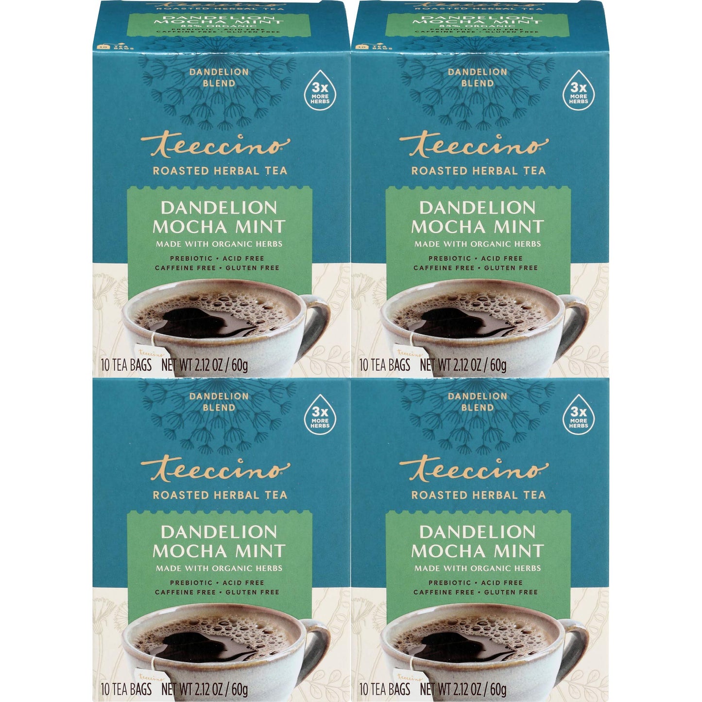 Teeccino Dandelion Mocha Mint Tea - Energy Blend Free Roasted Herbal Tea With Prebiotics 3X More Herbs Than Regular Tea Bags Gluten Free - 10 Tea Bags (Pack Of 4)
