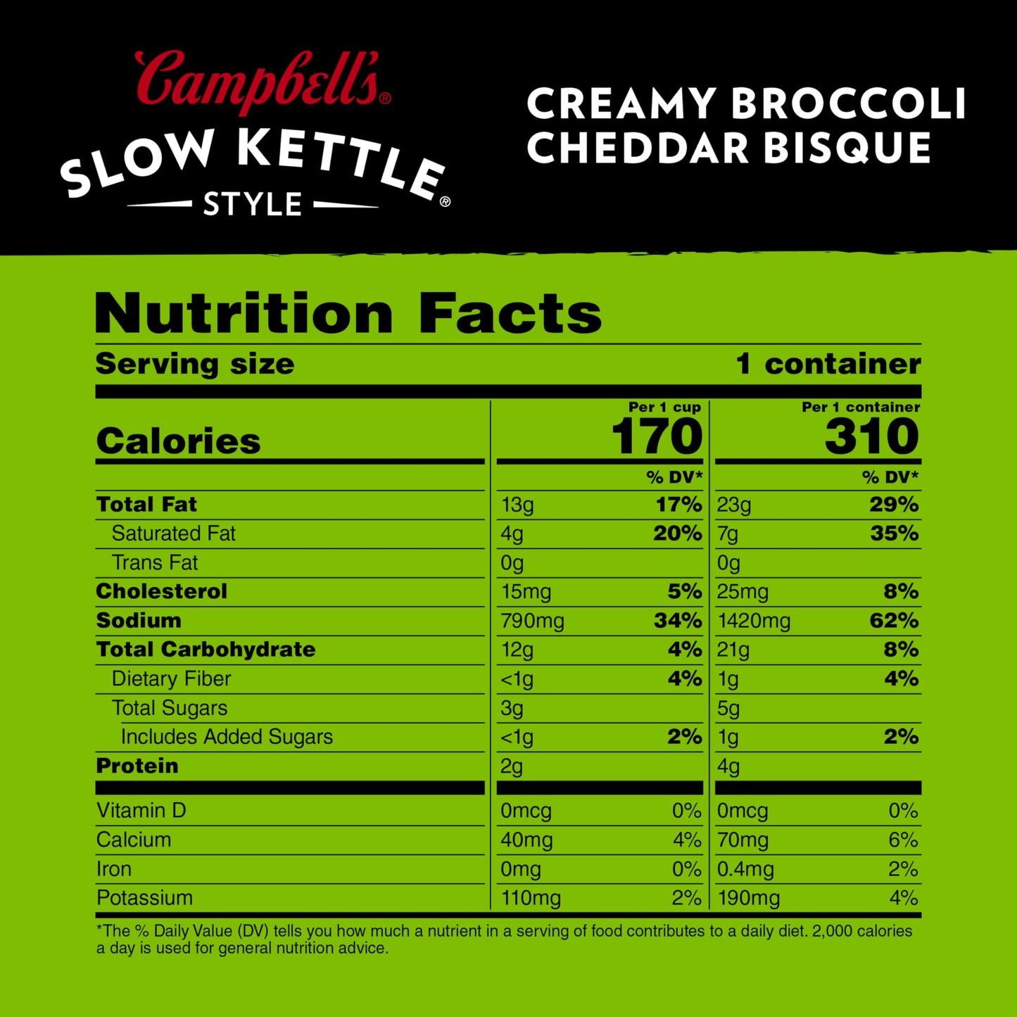 Campbell s Slow Kettle Style Creamy Broccoli Cheddar Bisque, 15.5 oz Microwavable Bowl (Case of 8)