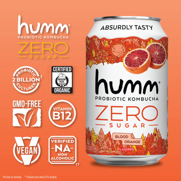 Humm Probiotic Kombucha Zero Sugar Blood Orange - No Refrigeration Needed, Keto-Friendly, Organic, Vegan, Gluten-Free - 12Oz Can