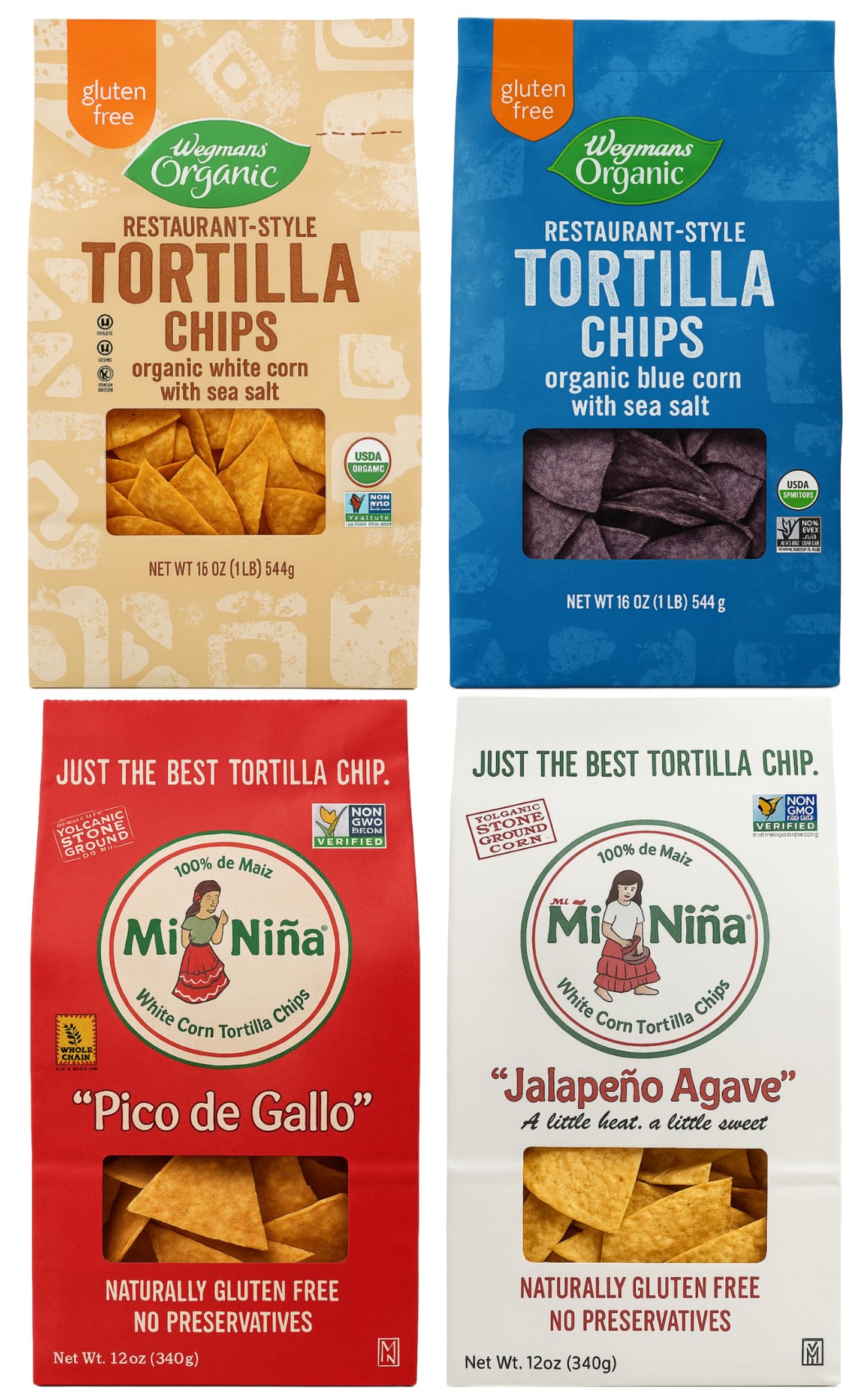 Mi Nina Tortilla Chips Variety Pack - Jalapeo Agave, Pico de Gallo (2x12oz) & Wegmans White Corn, Blue Corn Chips (2x16oz) | Glu