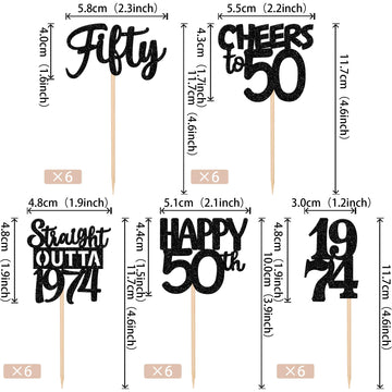 30Pcs Black 50Th Birthday Cupcake Toppers Glitter Fifty Happy 50Th Straight Outta 1974 Cupcake Picks For Cheers To 50 Years 50Th
