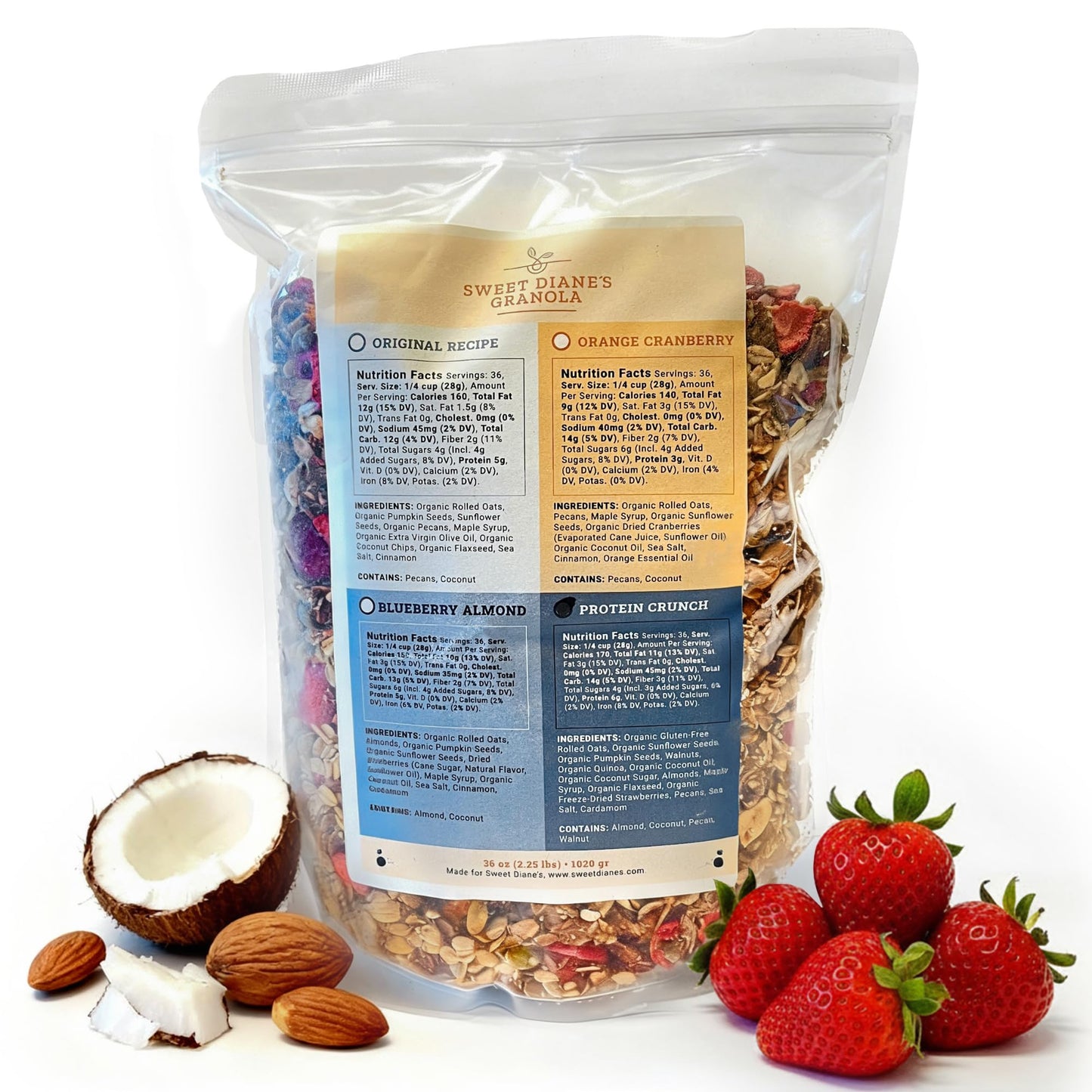 Sweet Dianes Granola - Family Size (36 Oz) Protein Crunch Organic Granola Low-Sugar High-Fiber Gluten-Free Vegan Delicious Breakfast And Snack Topper