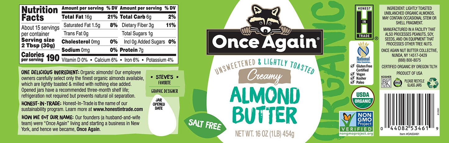 Once Again Organic Creamy Almond Butter, 16Oz - Lightly Toasted - Salt Free, Unsweetened - Usda Organic, Gluten Free Certified,