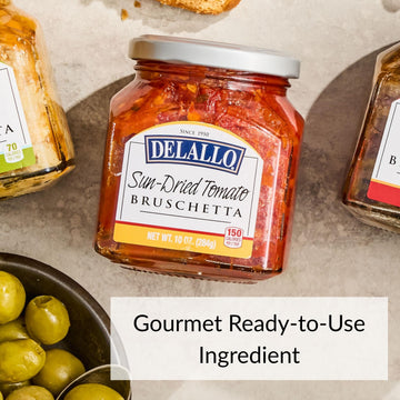 Delallo Sun-Dried Tomato Bruschetta, Gourmet Condiment Spread Made With Extra Virgin Olive Oil, Authentic Italian Recipe, Non-Gmo, Kosher, Gluten-Free, 10 Oz Jar, (12 Pack)