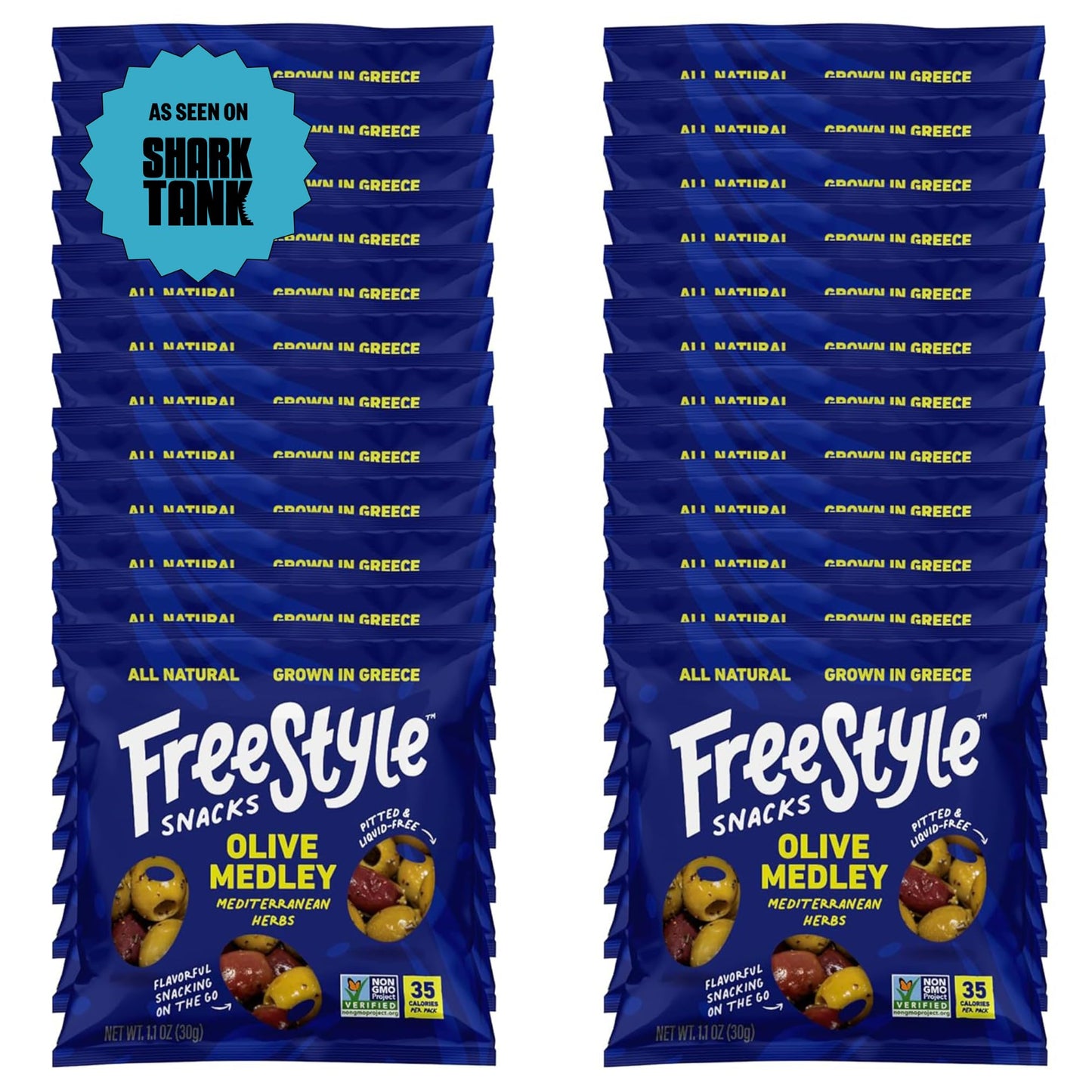Freestyle Snacks Olive Snack Packs - As Seen On Marine Theme Tank - Single Serve - Fresh Pitted Olives Grown In Greece All Natural Non-Gmo Sugar-Free Salty - Mediterranean Herb 1.1Oz (24 Pack)