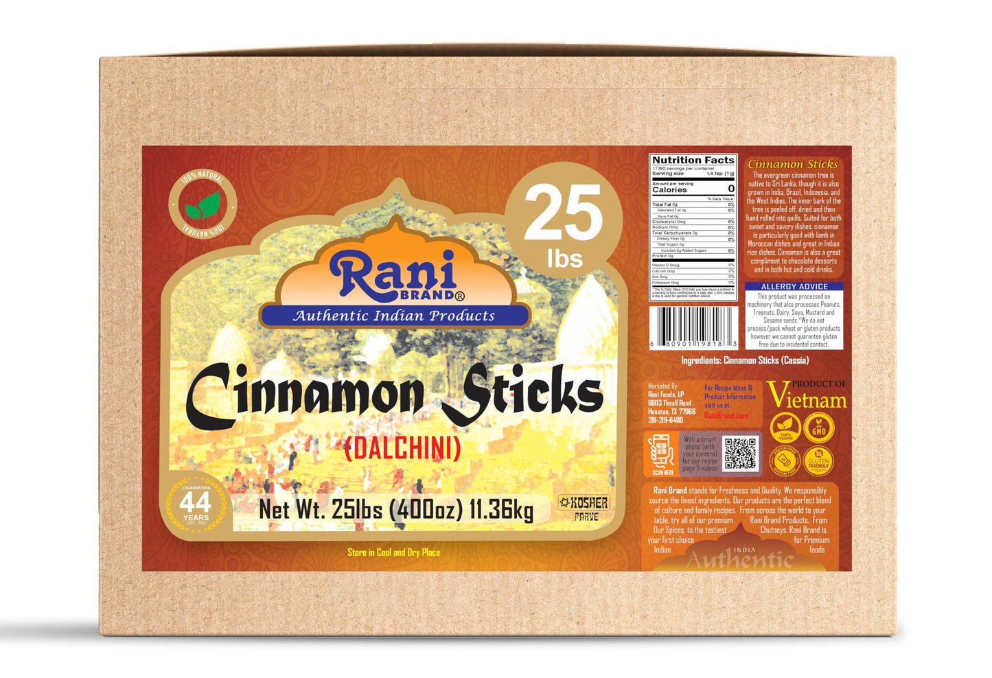 Rani Cinnamon Sticks 400Oz (25Lbs) 11.63Kg Bulk Box - 2300-2500 Sticks - Strong Aroma, Perfect For Baking, Cooking & Beverages | 3+ Inches Length - Cassia Saigon Cinnamon From Vietnam | Kosher