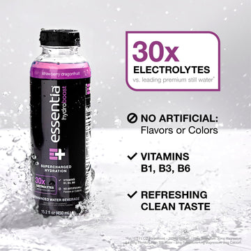 Essentia Hydroboost Enhanced Water Beverage, 12 Pack, New Strawberry Dragonfruit Flavor, With Electrolytes, No Artificial Flavor