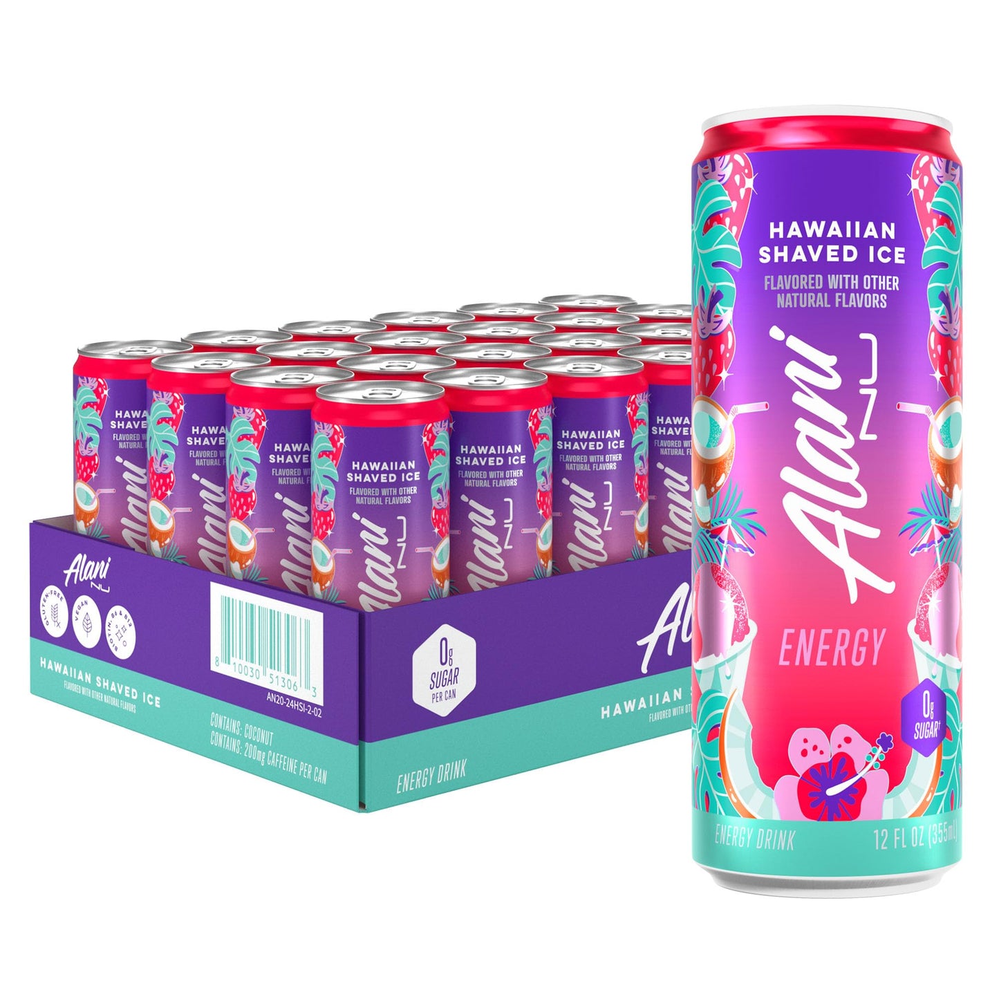 Alani Nu HAWAIIAN SHAVED ICE Ice Sugar Free Low Calorie Energy Drinks | 200mg Caffeine | Antioxidants | Biotin B Vitamins | Zero Sugar | 15 Calories or Less | 12 Oz Cans | 24 Count