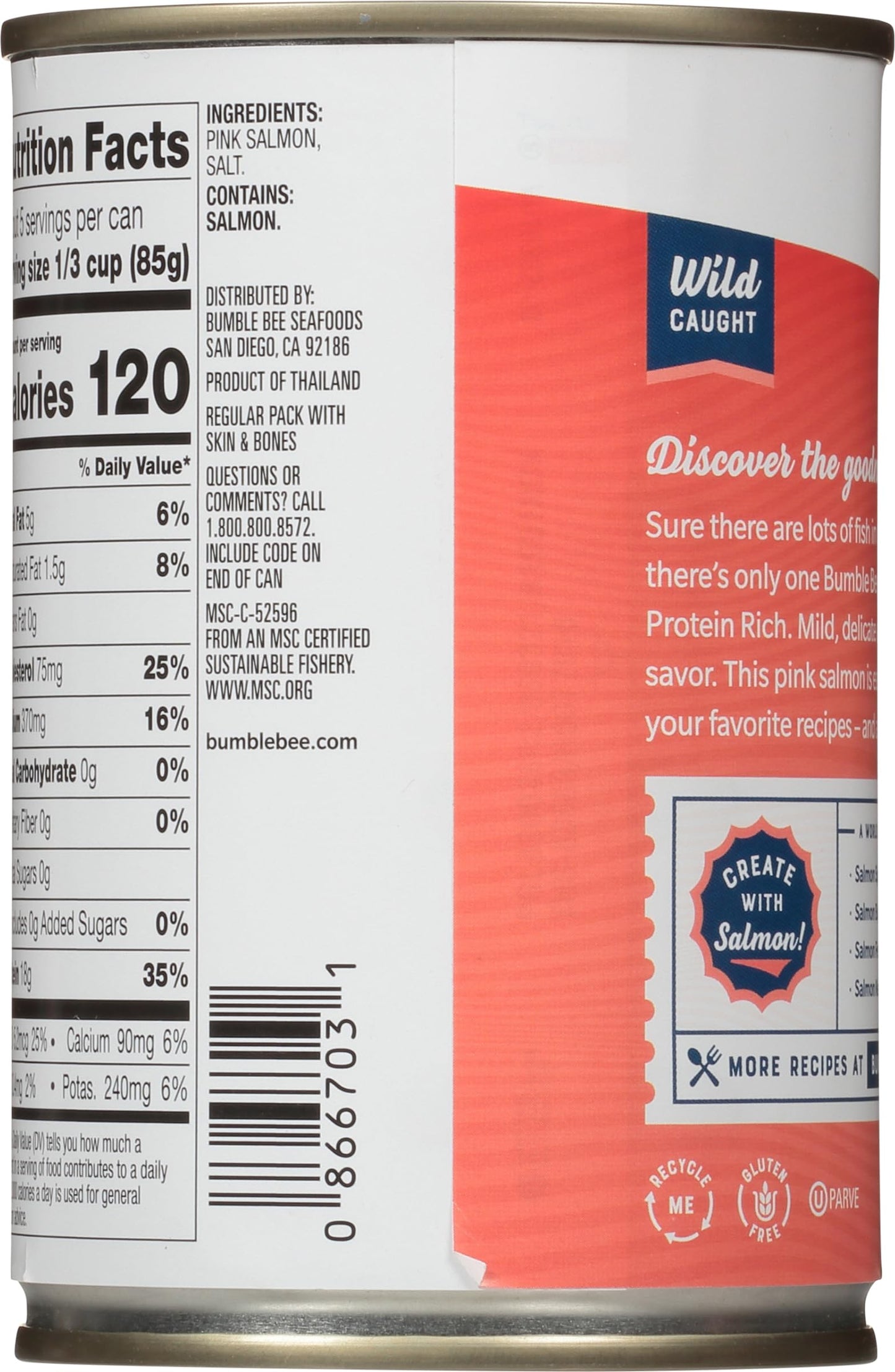 Bumble Bee Canned Pink Salmon, 14.75 Oz Can - Premium Wild Caught Salmon With Skin & Bones - 18G Protein Per Serving - Msc Certified Sustainable Seafood, Non-Gmo, Gluten Free, Kosher