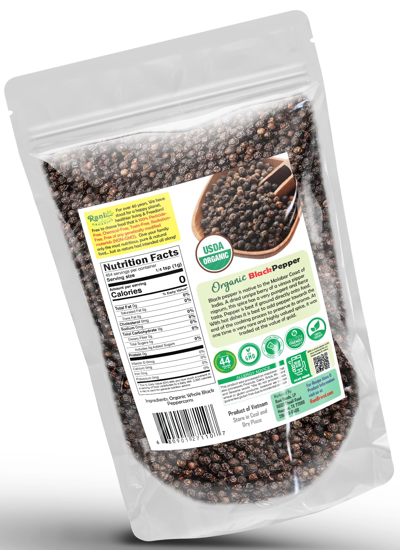 Rani Organic Black Pepper Whole (Peppercorns), Premium Mg-1 Grade 16Oz (1Lb) 454G ~ All Natural | Gluten Friendly | Non-Gmo | Usda Certified Organic | Kosher | Product Of Vietnam