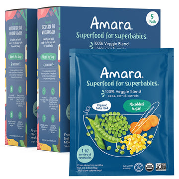 Amara Organic Baby Food - Stage 2 - Peas, Corn & Carrots - Baby Cereal To Mix With Breastmilk, Water Or Baby Formula - Shelf Stable Baby Food Pouches Made From 100% Organic Veggies - 10 Pouches, 3.5Oz Per Serving