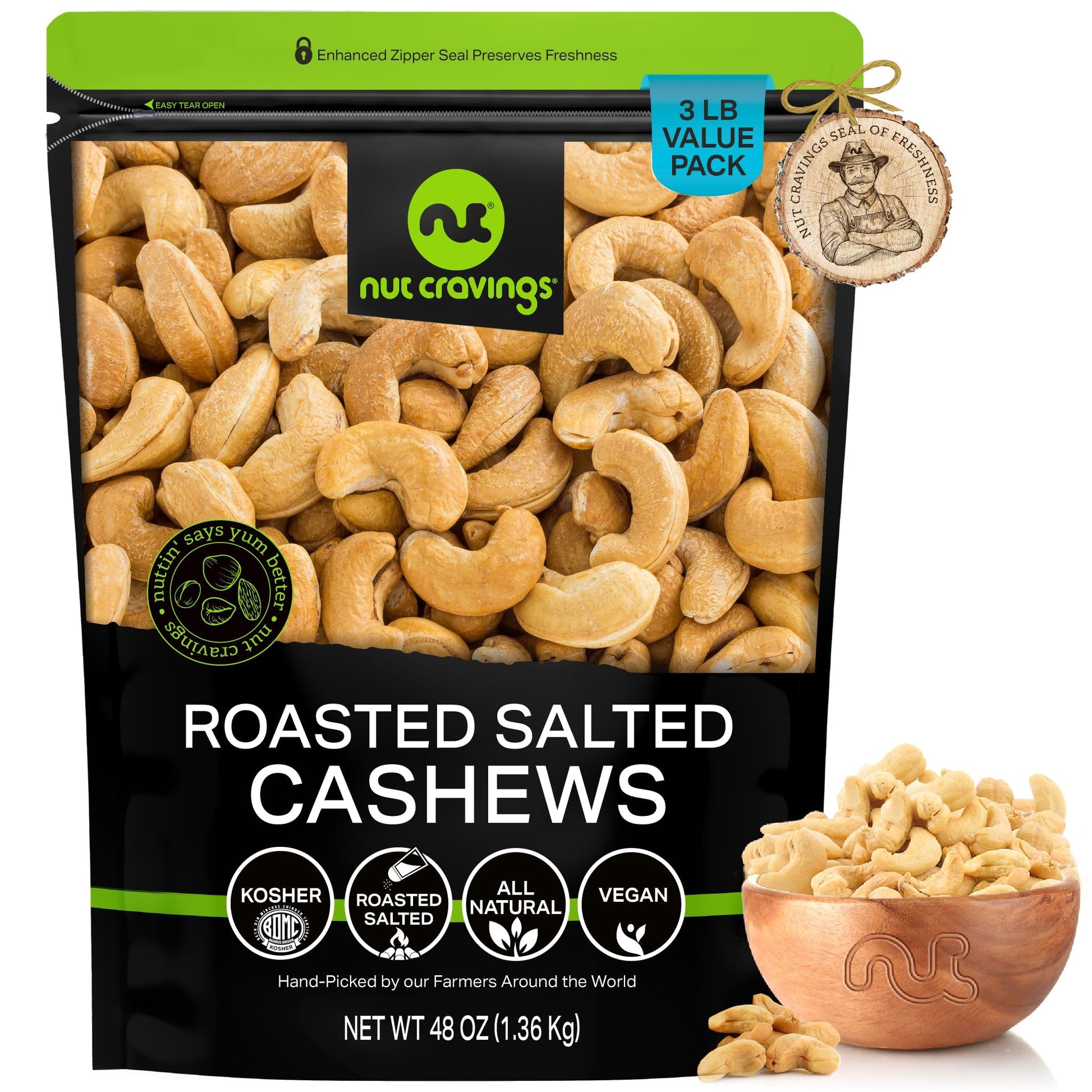 Nut Cravings - Roasted Cashews Slightly Salted - Jumbo, Whole (48Oz - 3 Lb) Packed Fresh In Resealable Bag - Nut Snack - Healthy
