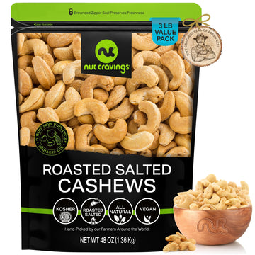 Nut Cravings - Roasted Cashews Slightly Salted - Jumbo, Whole (48Oz - 3 Lb) Packed Fresh In Resealable Bag - Nut Snack - Healthy