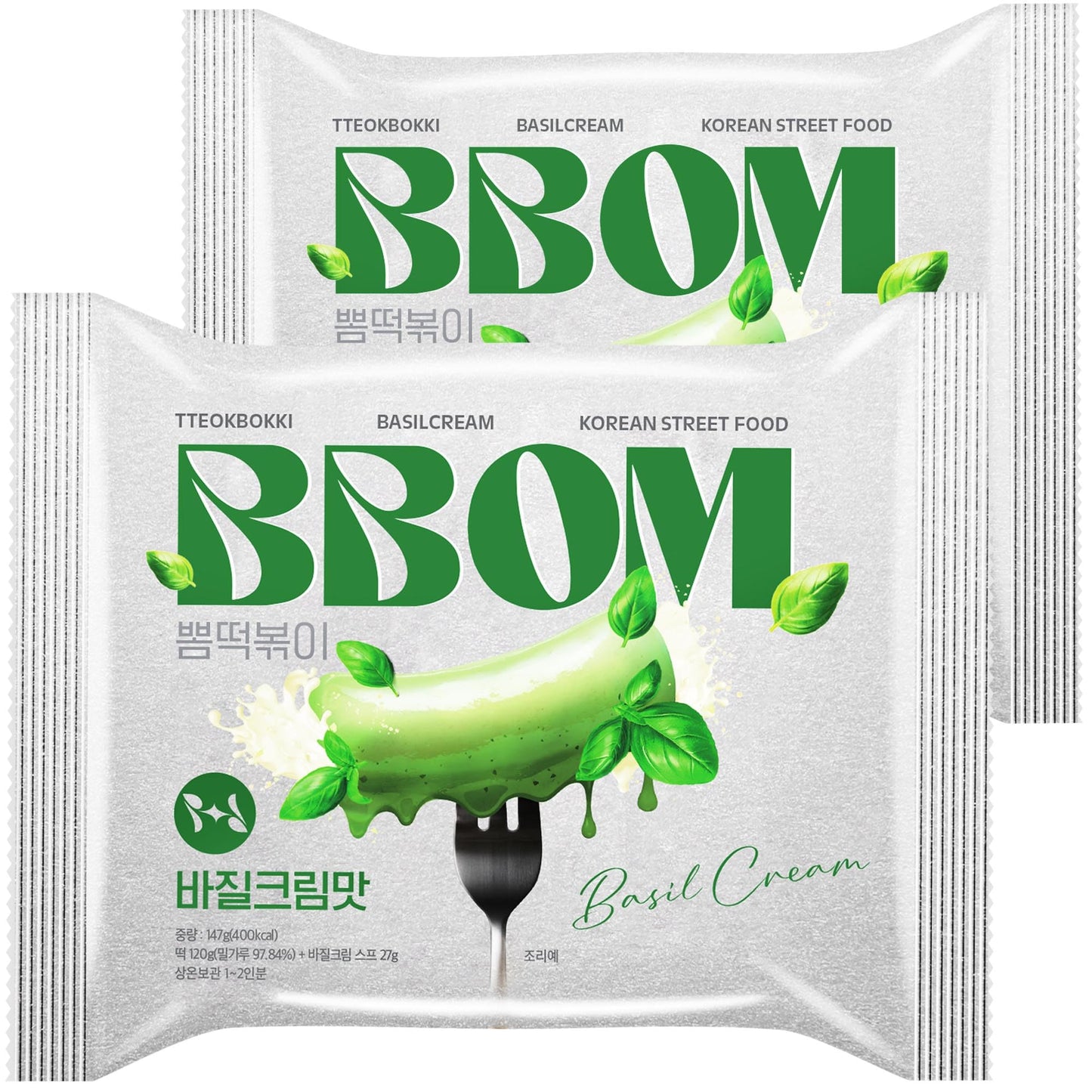 BBOM Instant Korean Tteokbokki Pouch - Basil Cream Flavor Korean Rice Cakes - Easy to Prepare Street Food - Includes Tray, Rice