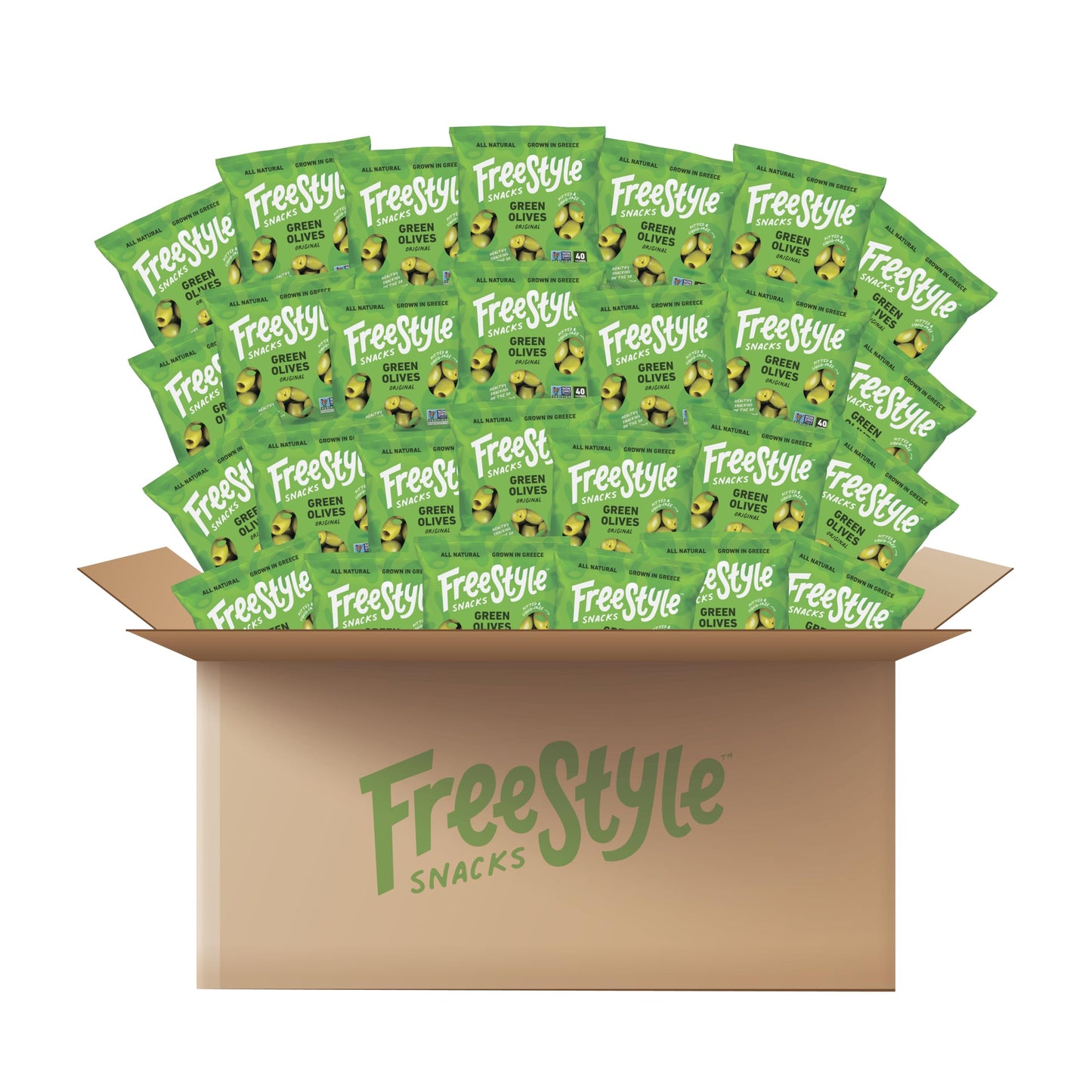 Freestyle Snacks Olive Snack Packs - Bulk Party Pack - Fresh Pitted Green Olives, Jumbo-Sized, Grown In Greece, All Natural, Non