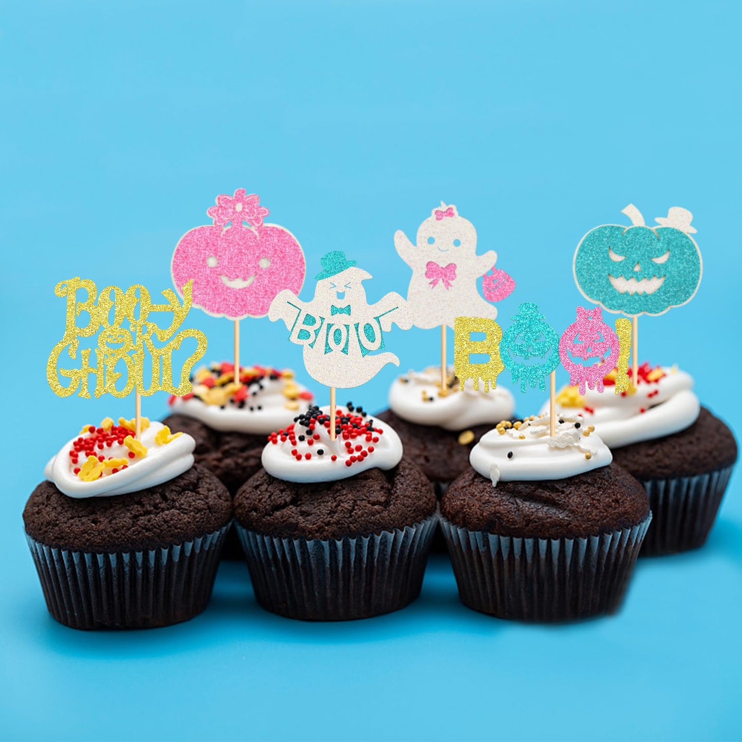 Ercadio 24 Pack Halloween Boo-Y Or Ghoul Cupcake Toppers Glitter Halloween Ghost Gender Reveal Cupcake Picks Pumpkin Boo Cake Pi