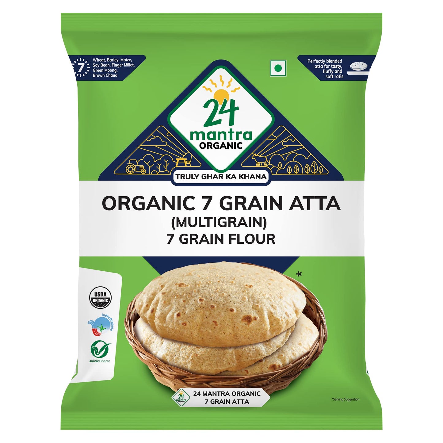 24 Mantra Organic 7 Grain Atta - 1 Kg | Pack of 1 | 100% Organic | Chemical Free & Pesticides Free | Goodness of 7 Grains